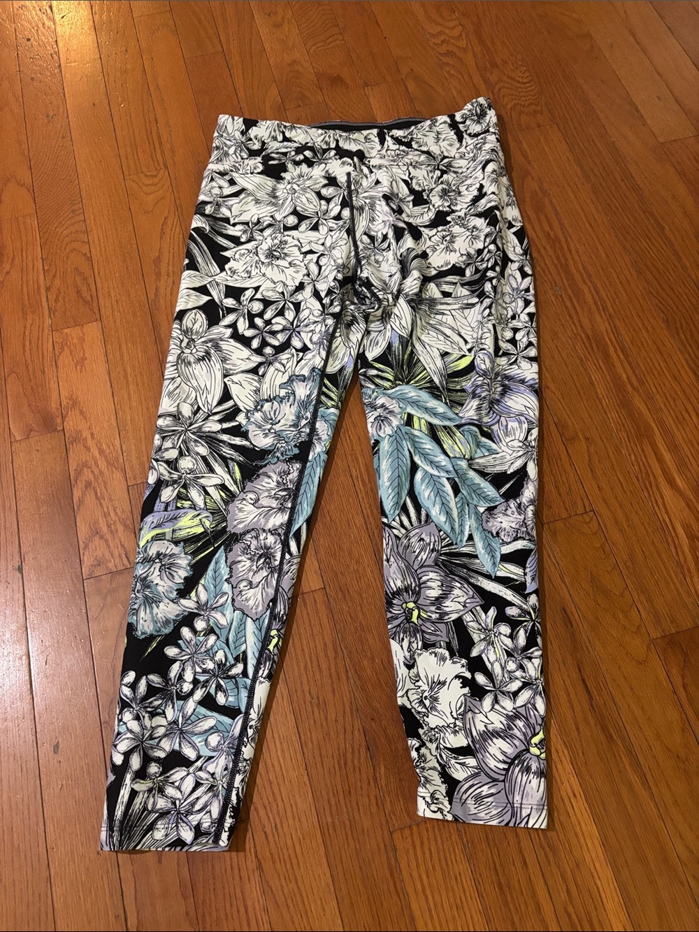 Calvin Klein Black Floral Performance Leggings with Blue, Green & Purple Flowers